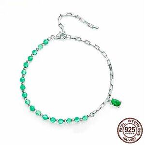 NWT Green Gem Charm Bracelet S925 Sterling Silver Beaded Boxy Chain Delicate